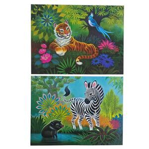Vtg 1973 K Chin Zebra Tiger Jungle Prints 12x9 Pair Floral Animal